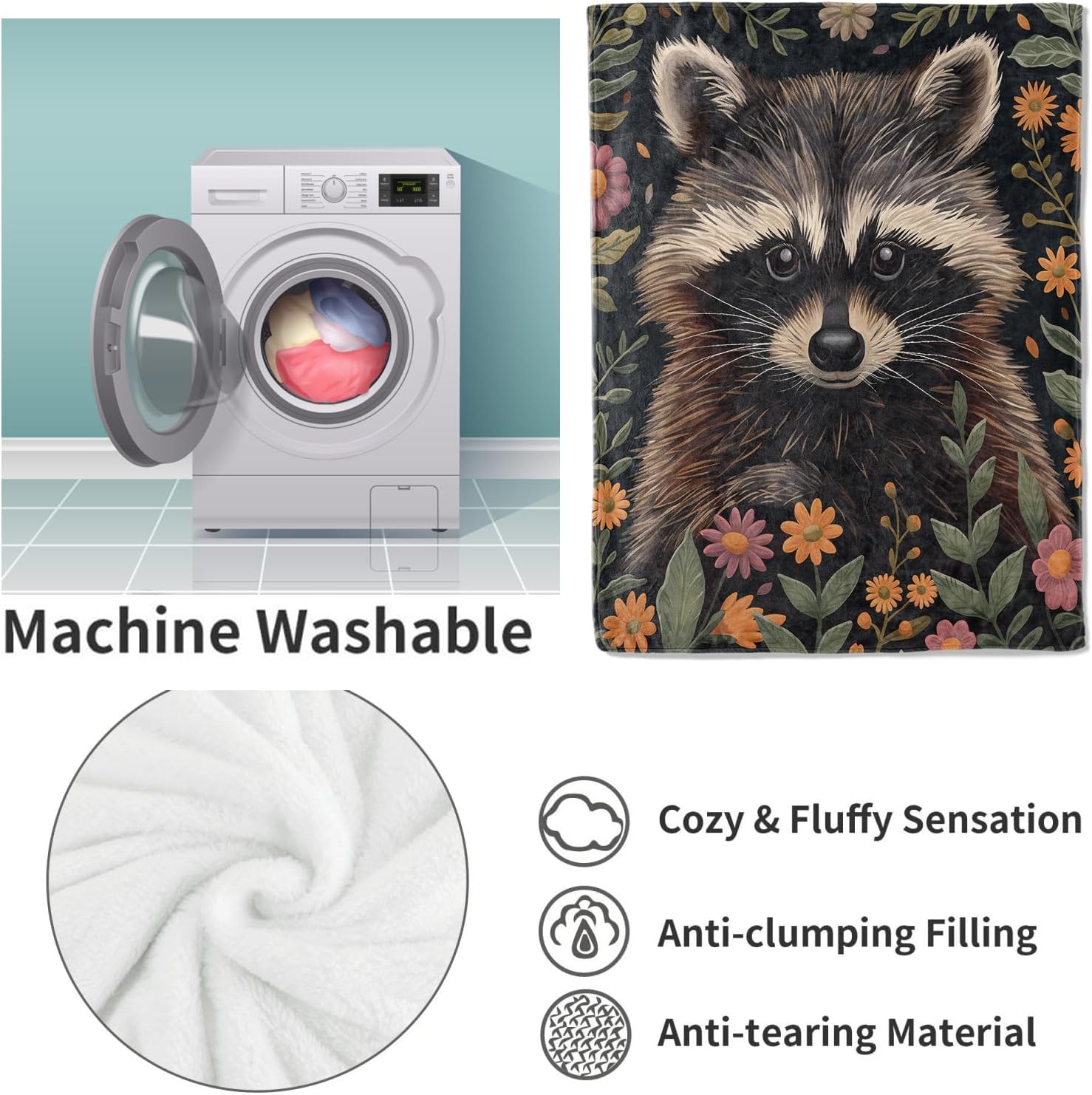 Raccoon Floral Flannel Blanket, Wildlife and Botanical Soft Lightweight Throw Blankets Gifts for Women,50" x 60" Perfect for Couch Bed Home Travel Decor - Image 4
