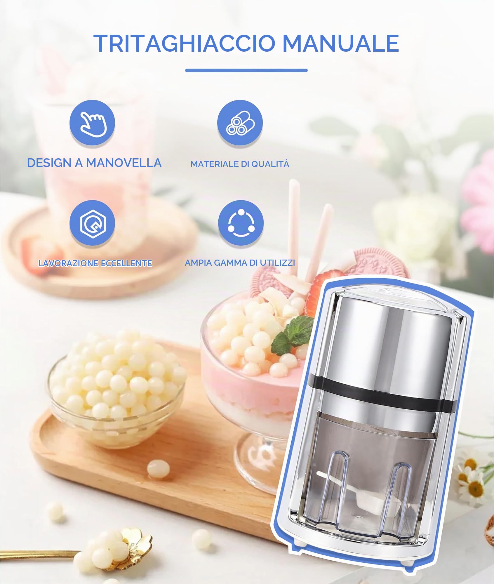 Tritaghiaccio Manuale con Placcatura in ABS Gugxiom, Rasoio per Ghiaccio Portatile a Manovella con Lame in Acciaio Inossidabile, Macchina per Coni di Neve Domestica a Risparmio
