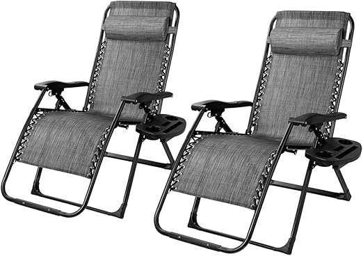 S AFSTAR Zero Gravity Chair Set of 2, Reclining Camping Chair with Cup Holder & Detachable Pillow, Adjustable Folding Zero Gravity Lounge Chair for Patio Porch Yard Beach, Support 500 Lbs (Gray)