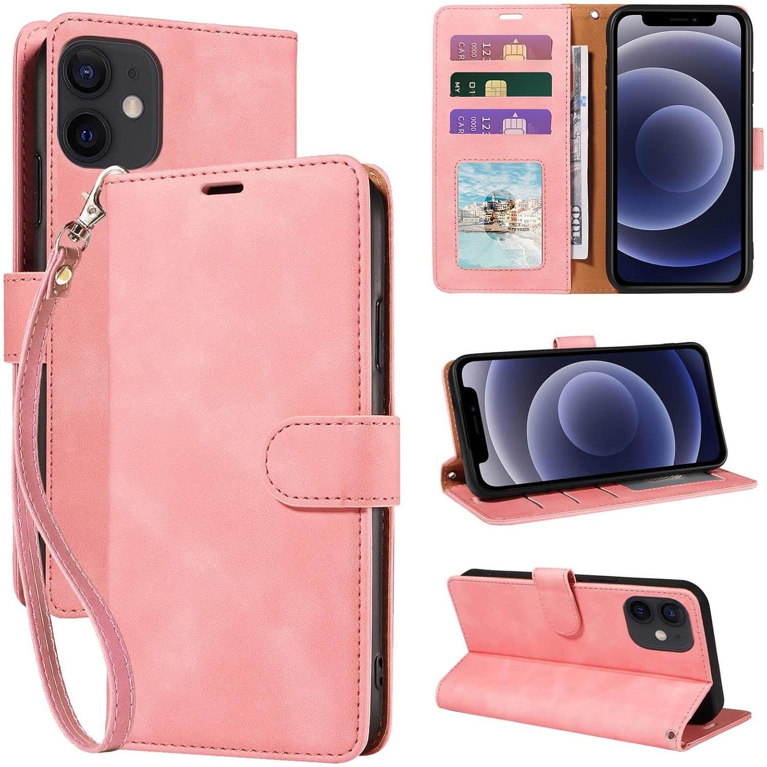 wallet case for iphone 12 mini 5.4 inch, rfid blocking 3 card slots holder, wrist strap, shockproof protective stand soft leather folio flip phone cover (pink) for iphone 12 mini 5.4" pink