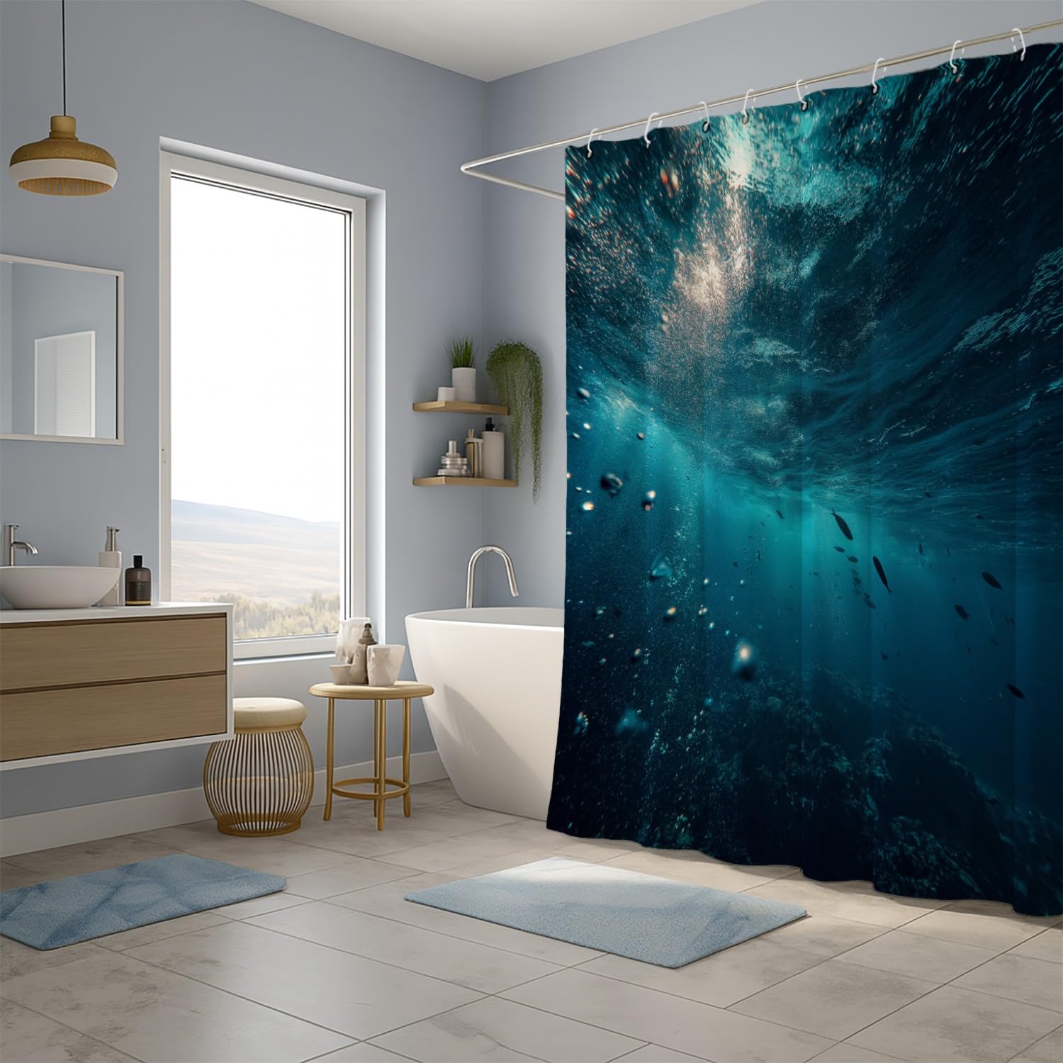 Generisch Zasłona prysznicowa 200 x 200 cm, zestaw 1 szt., miękka mikrofibra, wodoszczelna i odporna na pleśń, nadaje się do prania, do łazienki i wanny, z oczkami i haczykami, niebieska, pęcherzyki