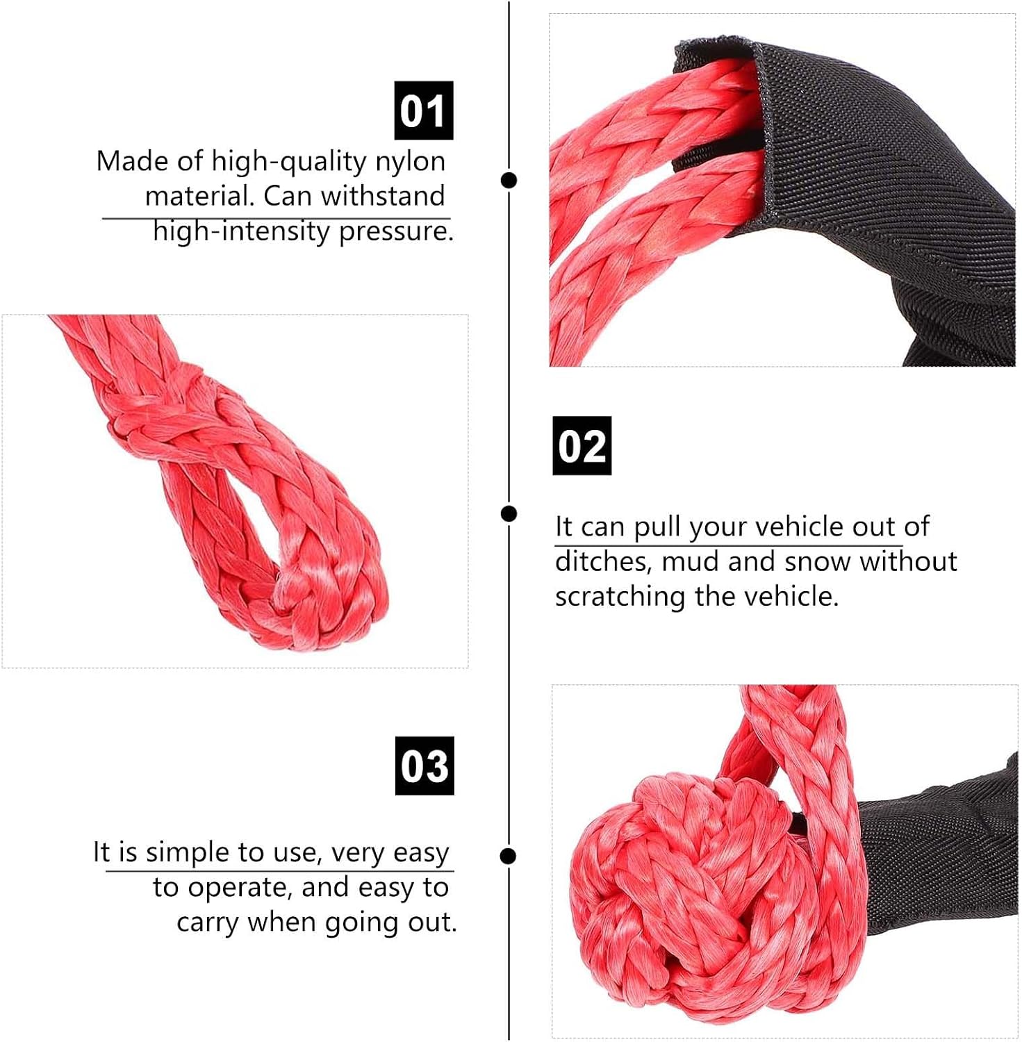 Ciieeo 17 Ton Flexible Nylon Shackle Winch Cable Red Soft Knot Rope Wear-Resistant Portable Towing Accessory for Off-Road and Vehicle Repair