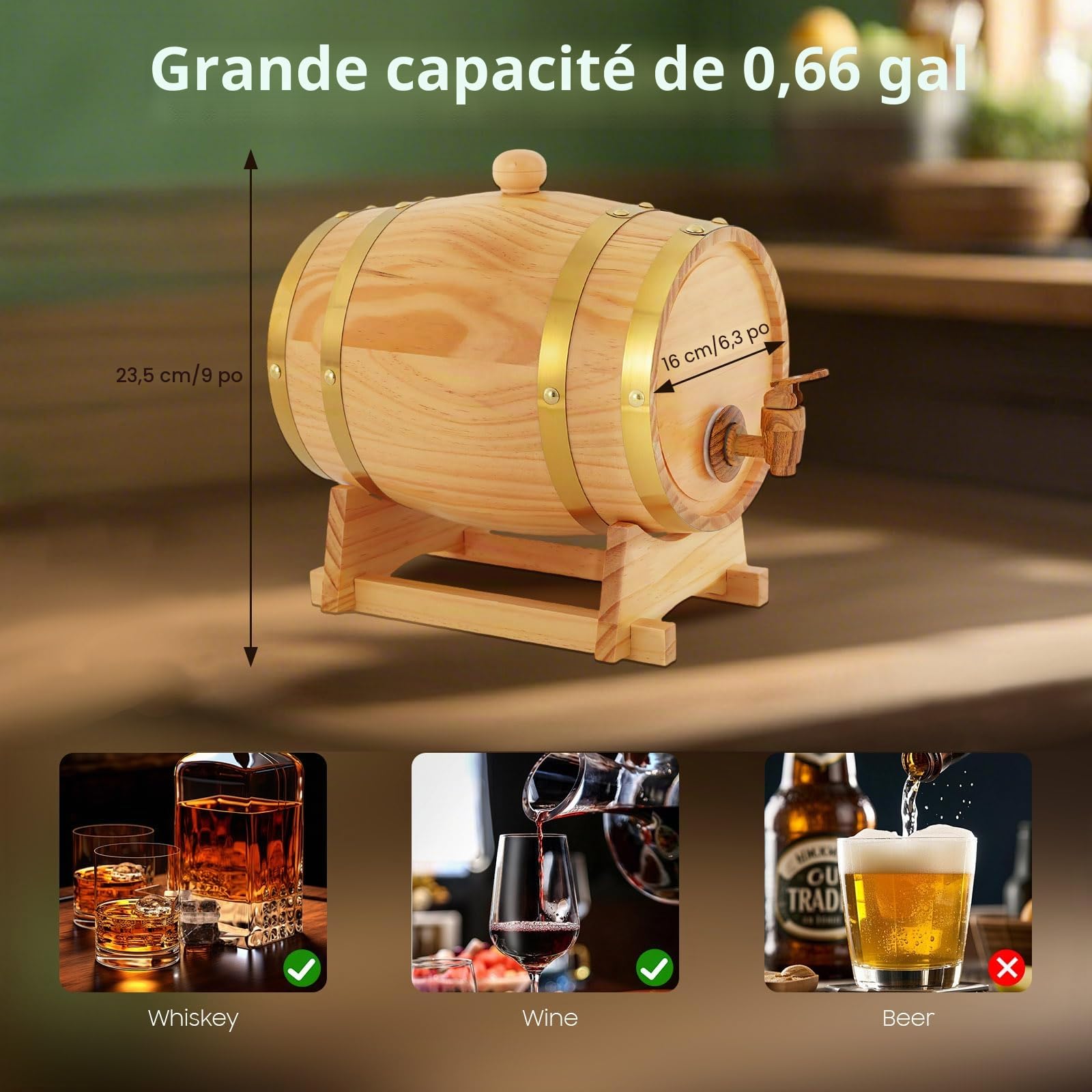 Tonneau à vin de 3 l avec support et robinet Log Color en bois - Convient pour le stockage du whisky, du rhum, du brandy, de la tequila, de la bière, etc