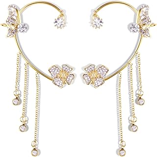 Butterfly Ear Cuff, Sparkling Crystal Tassel Style Butterfly Clip On Earrings, No Piercing Ear Cuff Earrings Women, Butterfly Earrings Long Chain Ear Cuffs for Women Non Pierced
