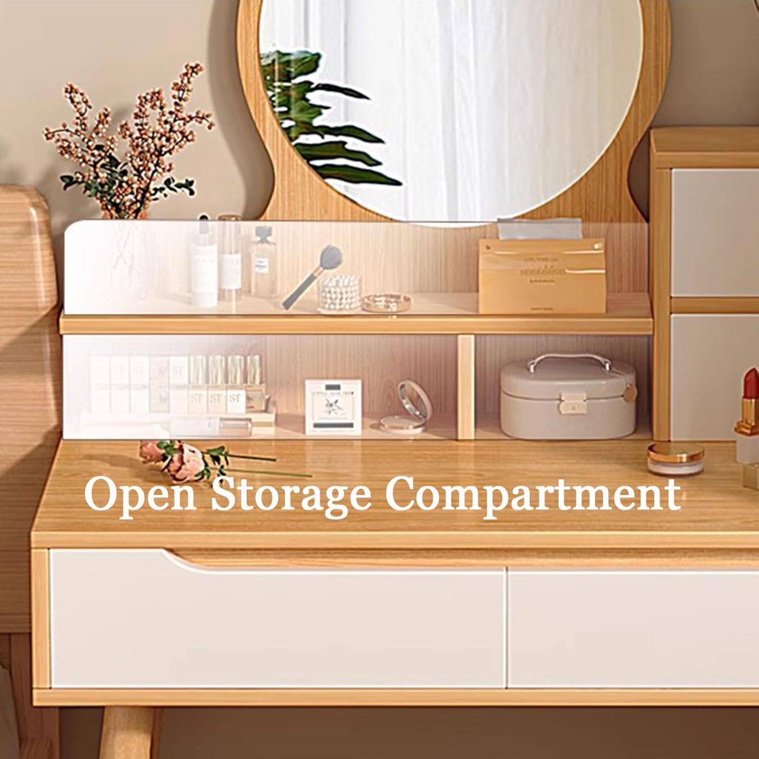 ZTGL Small Makeup Vanity Desk with Lights, Girls Vanity Set with Mirror, Dressing Table with Storage Shelves, Make Up Dresser Table with Drawers for Bedroom Small Space,Oak Color,A2