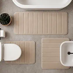 Decolab Tapete Antiderrapante Banheiro Super Soft | Kit Tapete Banheiro Box ou Banheira Completo | Jogo Tapetes Para Banheiro Multiuso Decoração Quarto (Bege, 3 Peças)