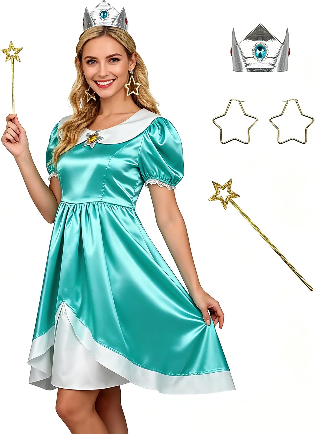 Princess Rosalina Costume Women Daisy Dress Party Gown Ball Dress Halloween with Crown Earrings Gloves Full Set
