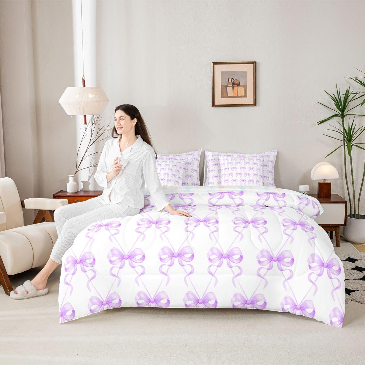 Erosebridal Bows 7 Piece Bedding Set Twin Girly Princess Bowknot Comforter Set with Sheets Bowtie Bed in A Bag Dreamy Kawaii Bed Sets with 2 Pillowcases, 2 Throw Pillow Covers