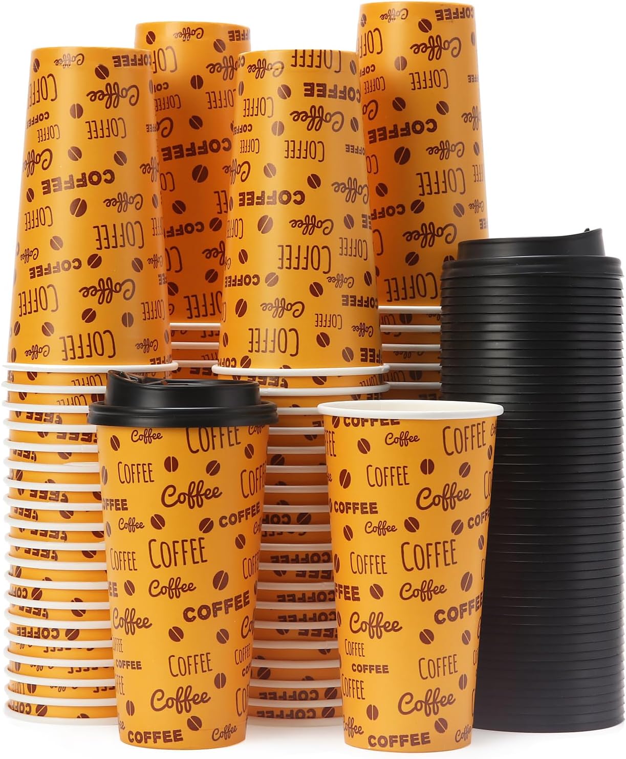 Tamone 100 PACK 20OZ Disposable Coffee Cups with Lids, To Go Coffee Cups with Lids Leak Proof, Coffee Bean Design Brown Paper Cups for Cold/Hot Beverage Chocolate Cocoa for Home Office