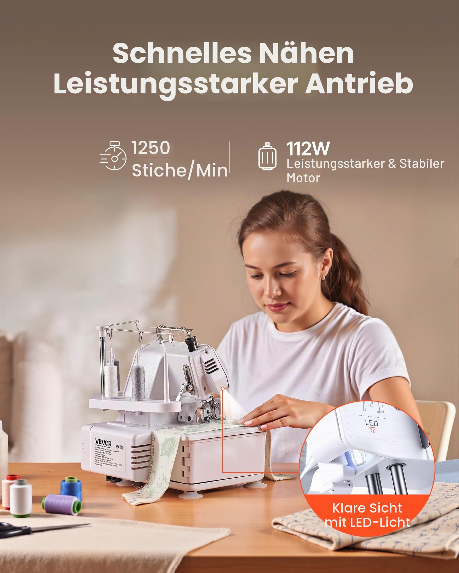 VEVOR Overlock-Nähmaschine 1250 Stiche pro Minute, 3- und 4-Faden-fähig, mit LED-Licht & starken Saugfüßen, robuste Nähmaschine mit Metallrahmen für verschiedene Stoffe, Weiß