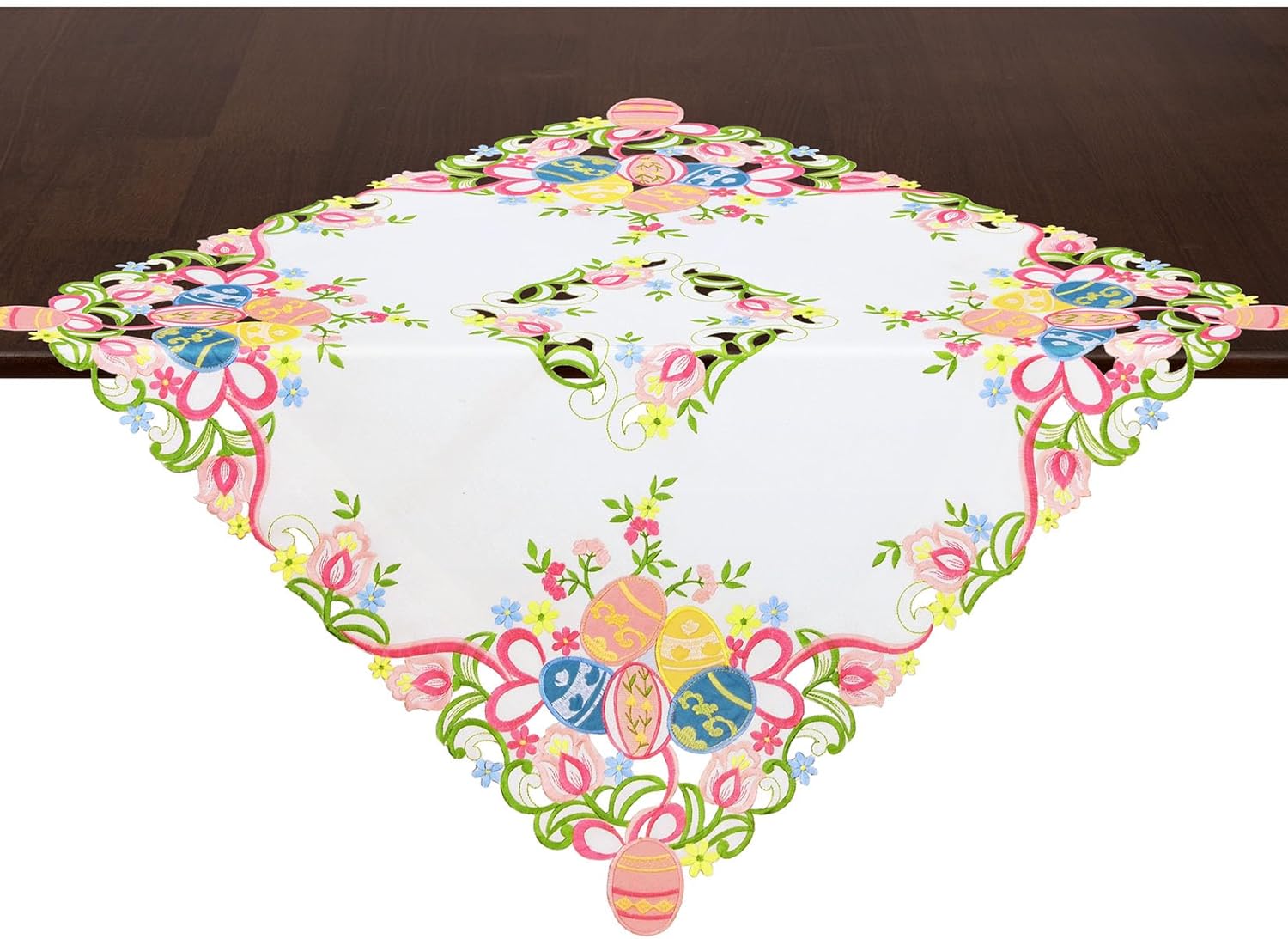 Grelucgo Embroidered Colorful Eggs Easter Tablecloth - Square 34x34 Inch Spring Holiday Dining Table Decor