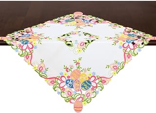 Grelucgo Embroidered Colorful Eggs Easter Tablecloth - Square 34x34 Inch Spring Holiday Dining Table Decor
