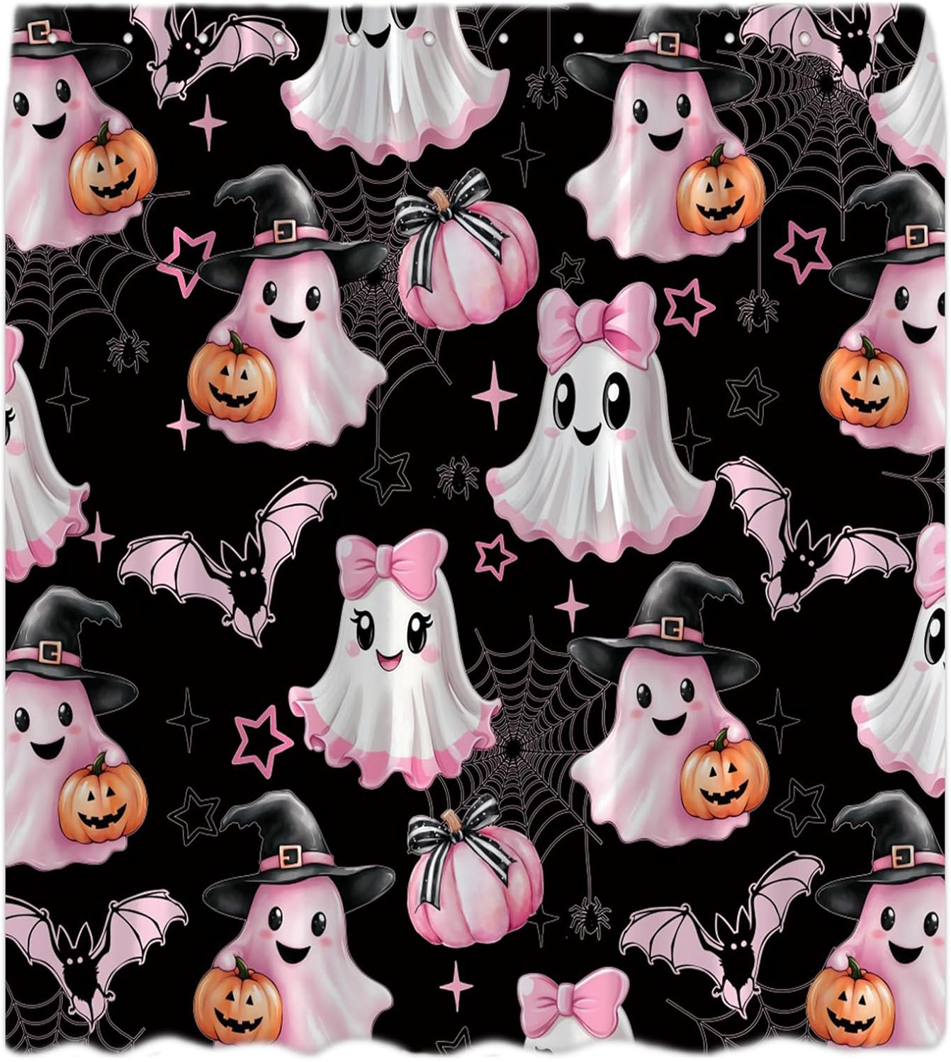 Spooky Halloween Shower Curtain Cute Funny Cartoon Pink Ghost with Bowknot Wizard Hat Bat Pumpkin Spider Web Gothic Horror Trick Or Treat Holiday Black Fabric Bath Curtains with Hook,70x83.8 Inch