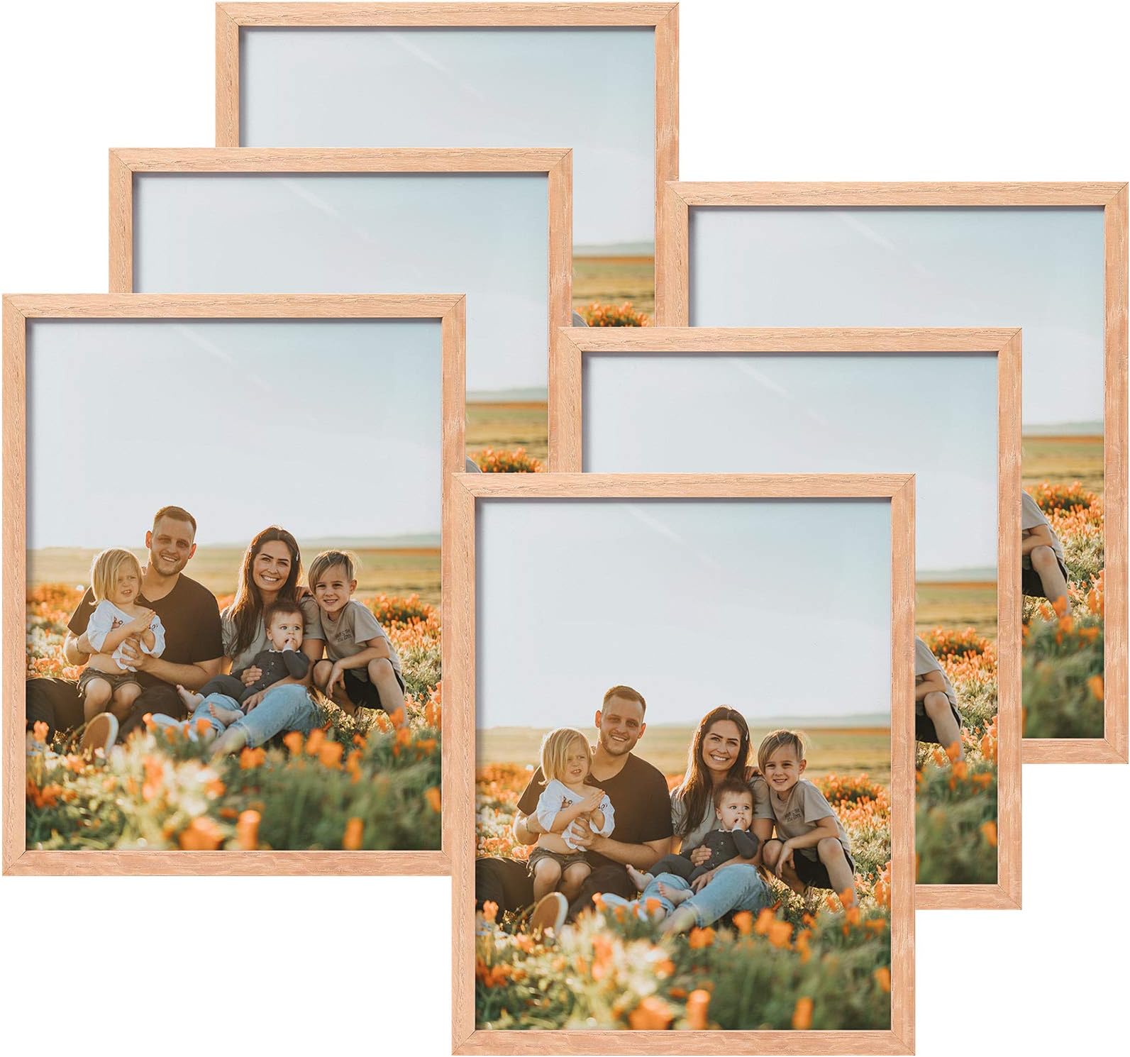 ATOBART 8x10 Set of 6 Oak Wood Picture Frame Solid Wooden Photo Frame Natural Wood Color Frames with Real Glass for Wall Mounting or Tabletop Living Room Bedroom Home Decor