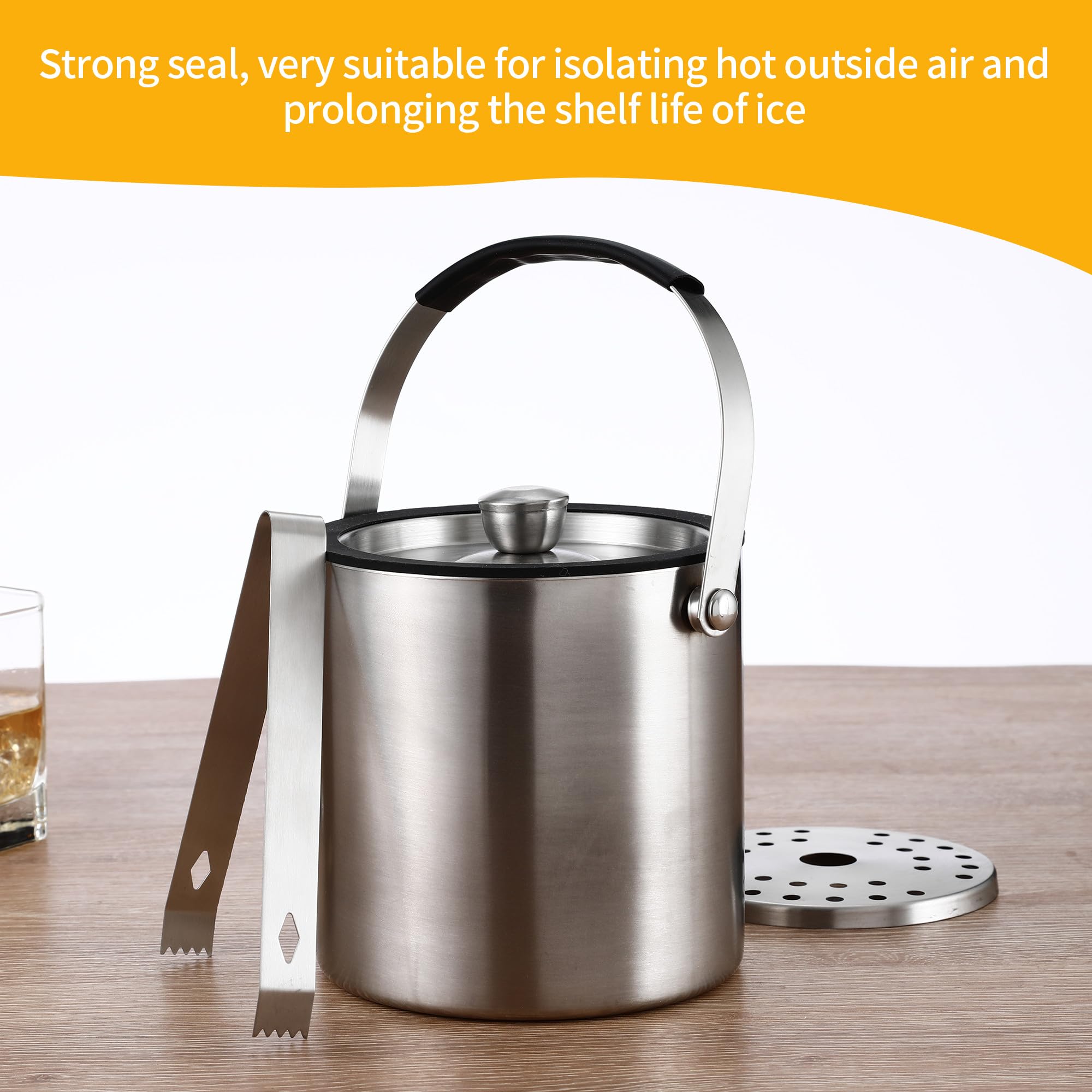 1.6 litri Secchiello Ghiaccio, Secchiello Ghiaccio In Acciaio Inox con Coperchio sigillante, Colino e pinze per Ghiaccio, Perfetto per cocktail Bar, Feste, Casa
