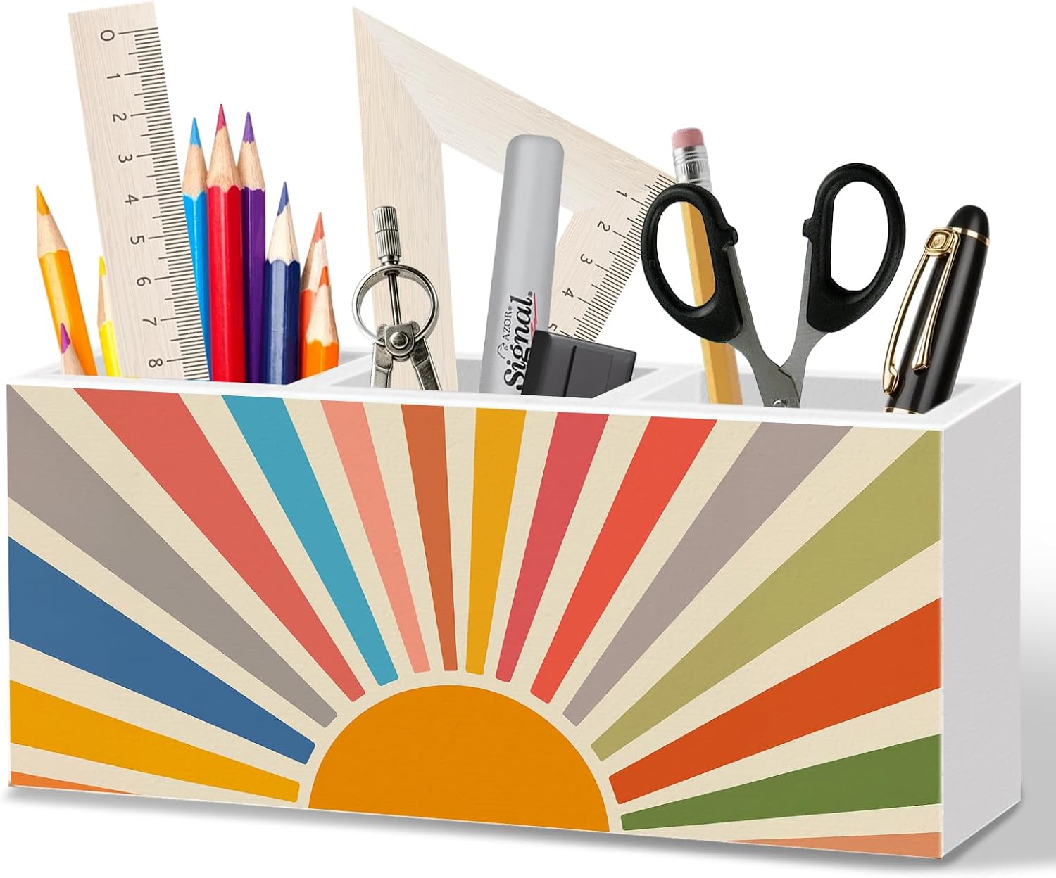 WODMIS Boho Colorful Sunshine Pen Pencil Holder for Desk, Boho Office Decor, Abstract Sunshine Wooden Box Organizer Decorations for Home Office Classroom Desk Accessories Tabletop