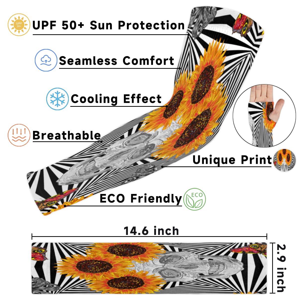 Eativisa Gardening Sleeves for Women Men Arm Sleeves Sunflower Skull Zebra Anti-Slip Defense Sun Protection Sleeves Breathable UV Cooling Farmer Sleeves Cover Arms for Sport Outdoor Running