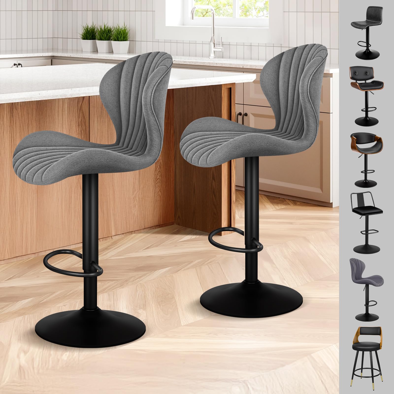 ALFORDSON Juego de taburetes de bar ajustables 59-81 cm, gris, tela