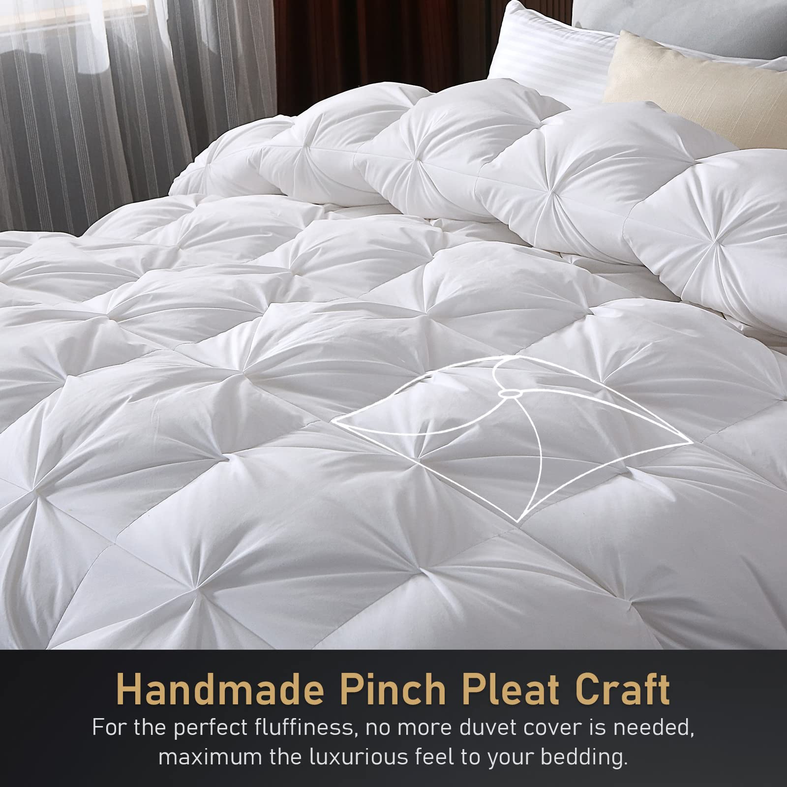DWR Pinch Pleat Goose Feathers Down Comforter Queen/Full Size, Ultra Soft Cotton Blend Cover, Luxury Fluffy Duvet Insert with 8 Corner Tabs, All-Season Medium Warm Bed Comforter(White, 90"x90")