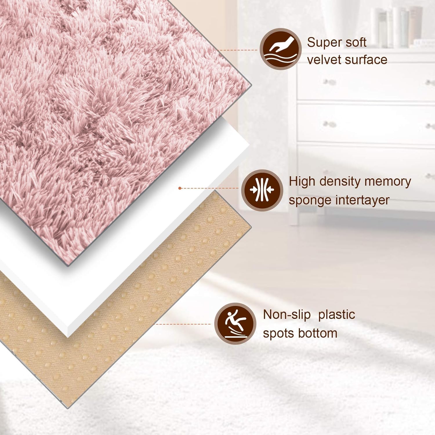 Oxford Homeware Rugs Living Room- Fluffy Pink Area Rugs for Bedroom Hallway Runner Rug 60 x 220 cm Anti Slip - Image 2