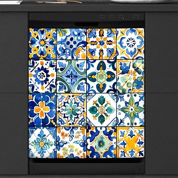 Dishwasher Magnet Cover Troditional Spanish Tile Pattern Reusable Dishwasher Magnetic Cover Sticker Decorative Dish Washer Door Cover Panel for Home Kitcen Appliance