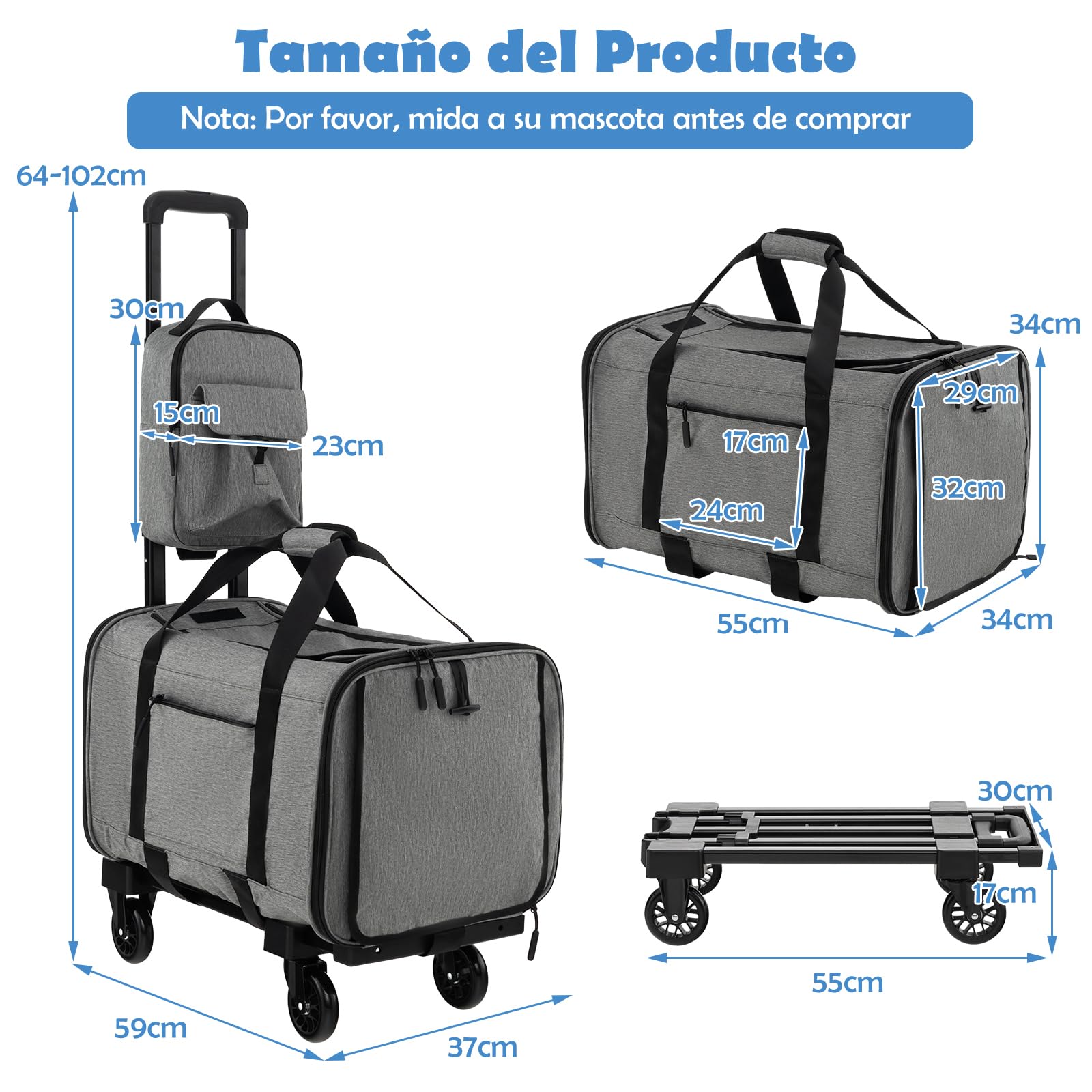 COSTWAY Transportín Plegable con Ruedas para Mascotas, Bolsa Trasportín de Viaje para Perros Gatos, Transportador con Almohadillas y Manija Telescópica para Mascotas Pequeñas Medianas