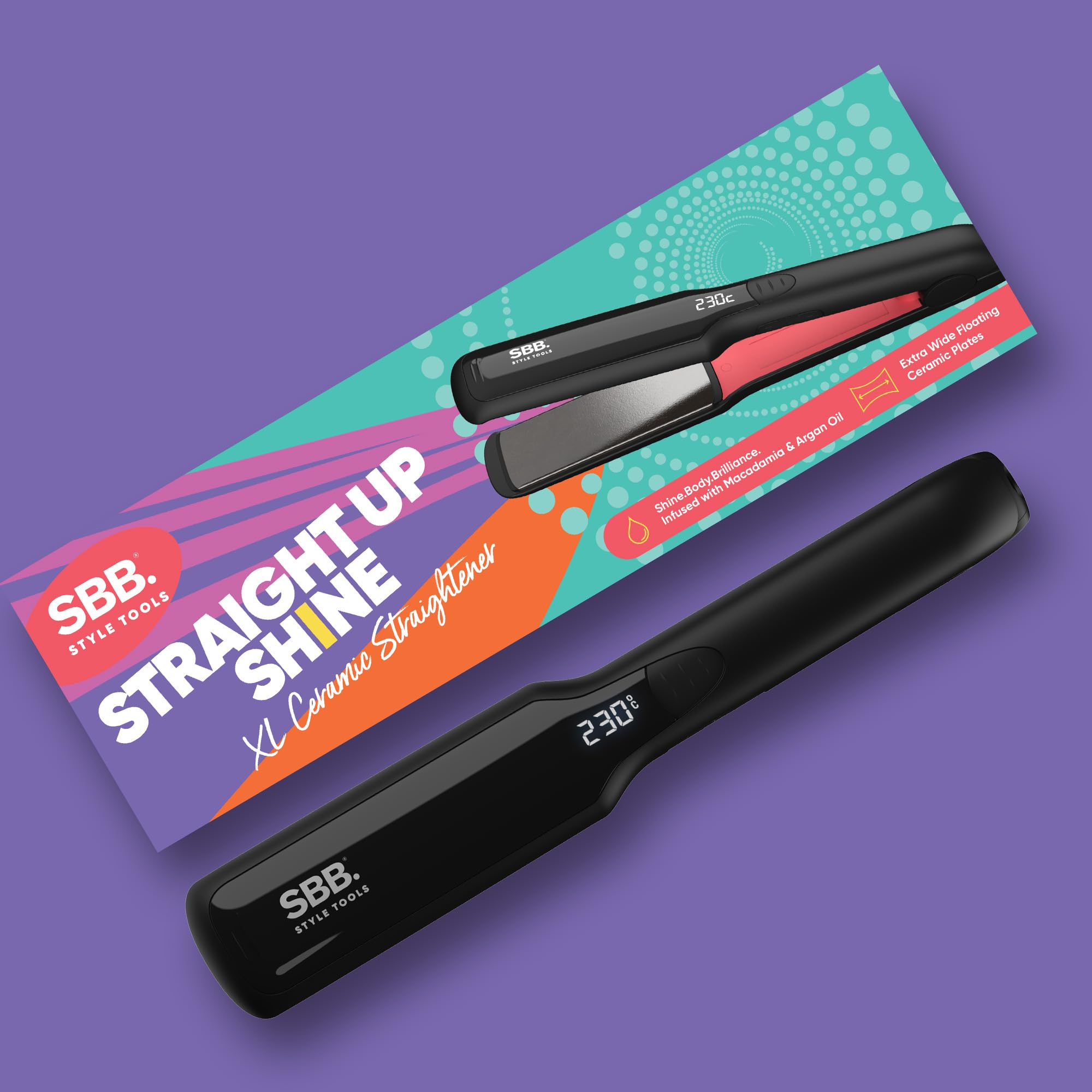 SBB Straight Up Shine XL Lisseur Céramique – Plaques Extra Larges en Céramique pour Coiffage et Lissage – Chauffage Ultra-Rapide, Réglages Variables, Arrêt Automatique, Infusé d’Huiles