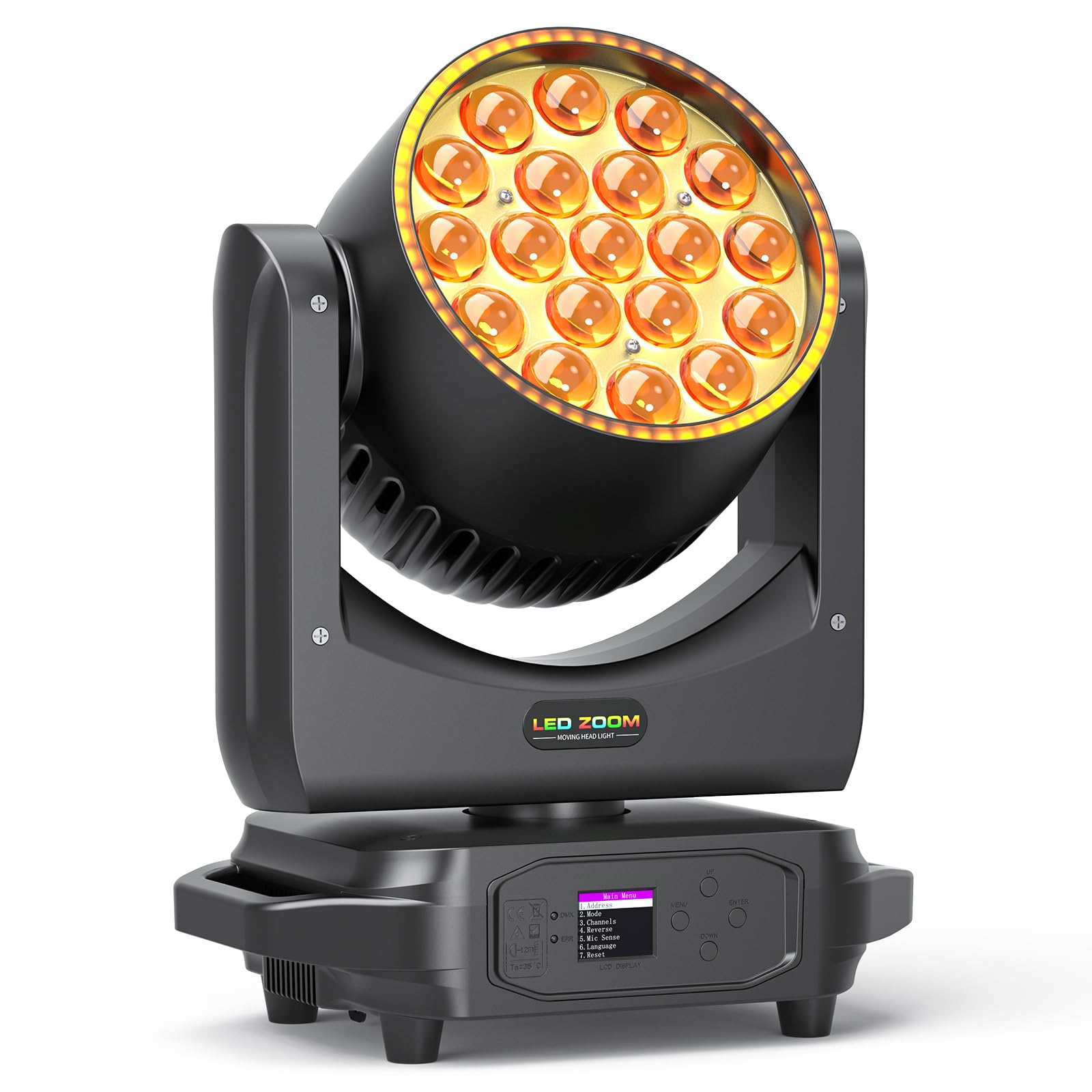19 LED Zoom Teste Mobili, 285W RGBW 4 in 1 Moving Head Professionale Focus Wash DJ Luce con Striscia Luminosa per Matrimonio Palcoscenico Festa Concerto Natale Halloween