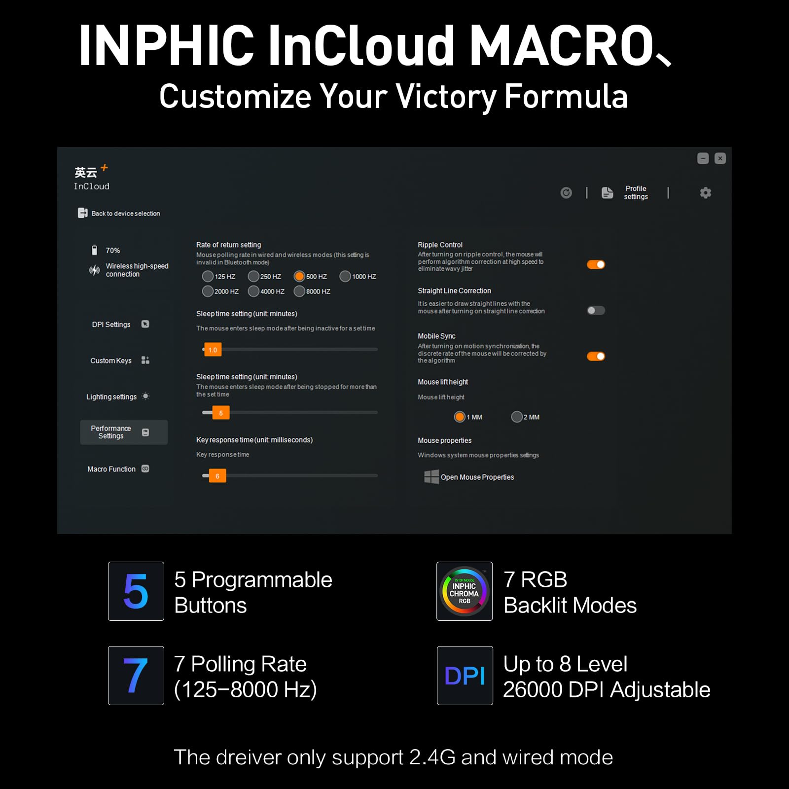 INPHIC IN10P - Mouse da gioco wireless superleggero, sensore 25K, 26.000 DPI, 5 pulsanti programmabili (IN10P-F)