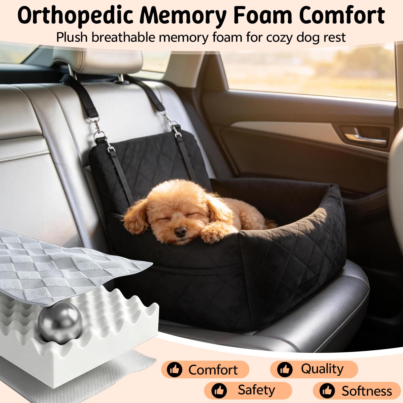 Asiento de coche para perros pequeños, cama de coche para perros con espuma viscoelástica gruesa, asiento elevador para cachorros para perros pequeños, lavable desmontable y 2 cinturones de
