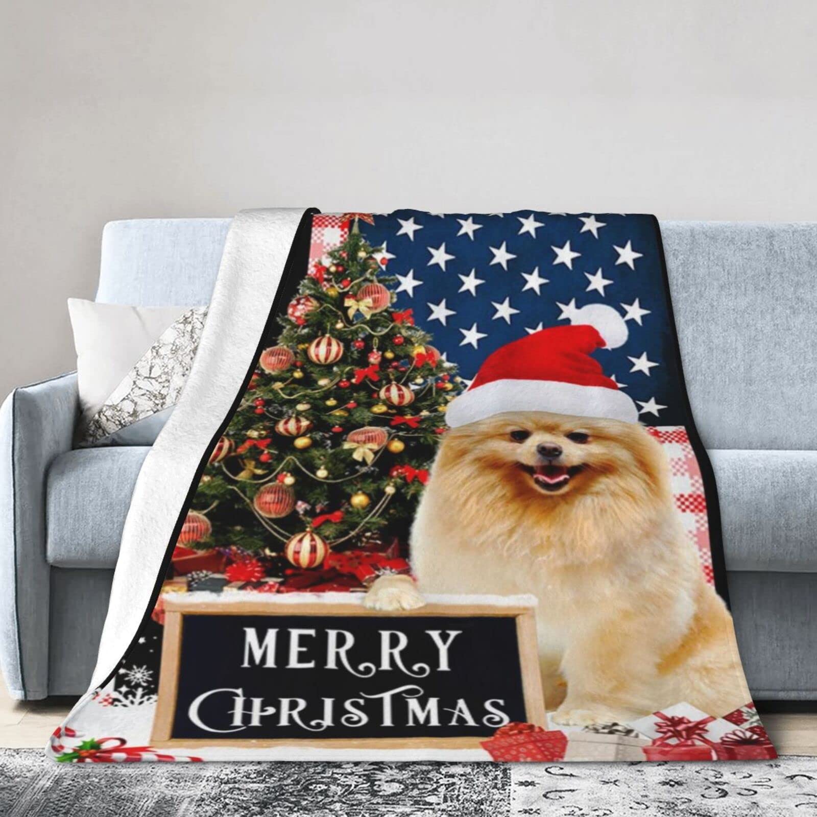 Lsjuee Christmas Flannel Fleece Blanket 80"X60" Merry Christmas Pomeranian Sofa Throw Blanket Funny Ultra-Soft Travel Winter Blankets for Boys Keep Warm