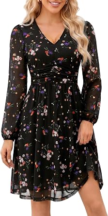 Loemes Women Summer Floral Long Sleeves V Neck Mini Stretchy Mesh Wedding Guest Corset Flowy Fall Dress