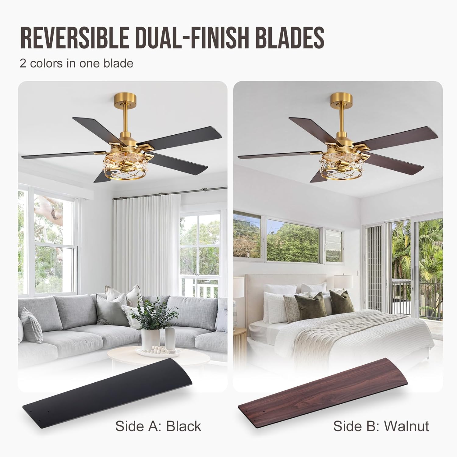 ZYD 52 Inch Chandelier Ceiling Fans, Farmhouse Crystal Ceiling Fans with Lights and Remote, Fandelier Ceiling Fan for Bedroom Living Room,Quiet DC Motor, 6 Speed Reversible Motor