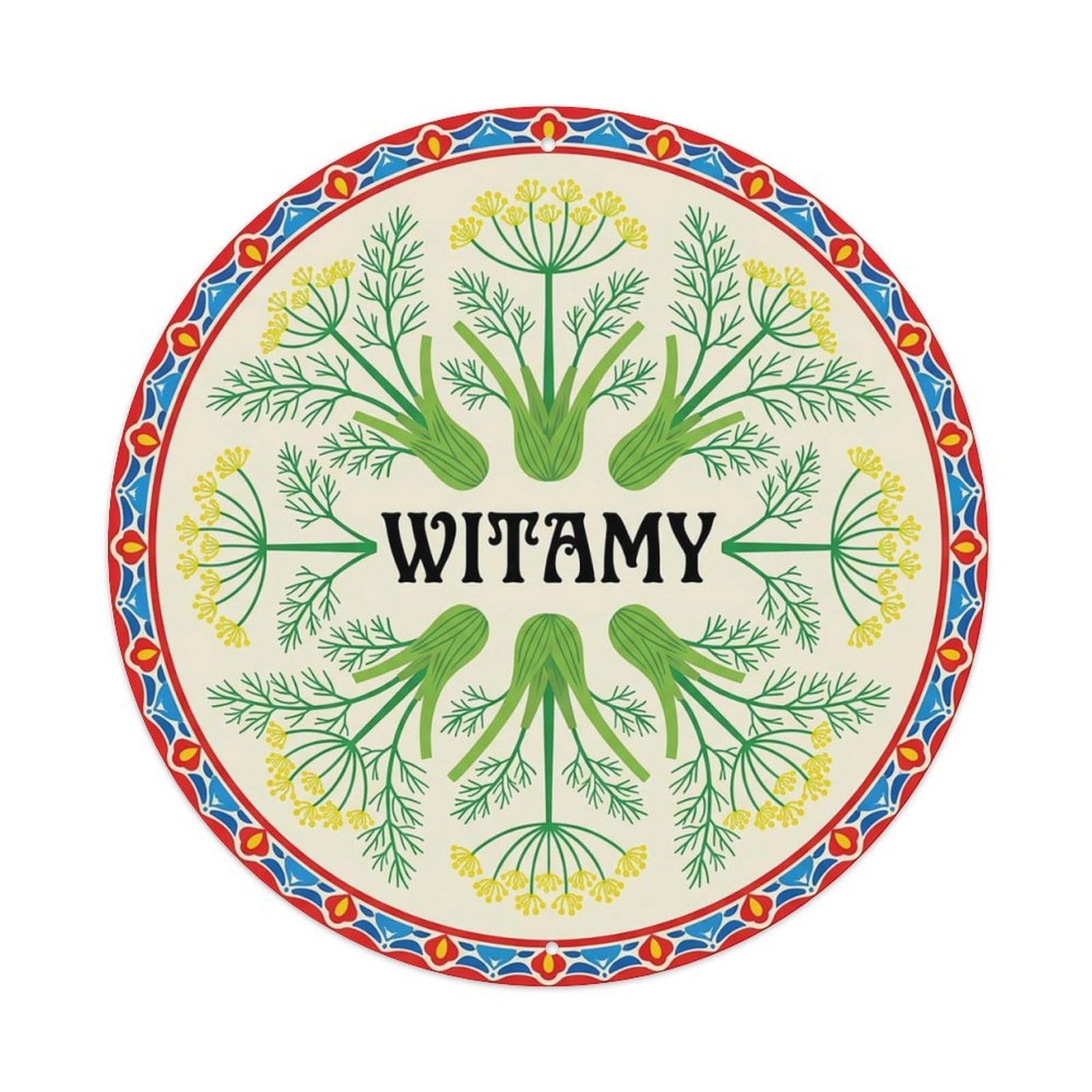 Vintage Polish Folk Art Witamy Welcome Fennel Yellow Metal Tin Sign