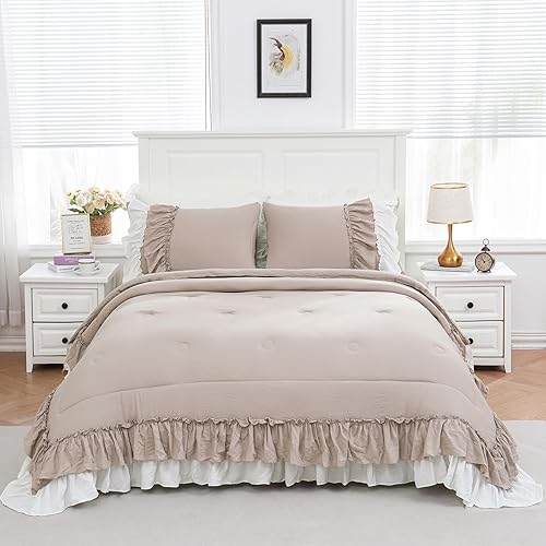 Miniatura 4 de Shabby Chic - Juego de ropa de cama bohemio, tamaño King, con volantes, decoración del hogar, microfibra ultra suave, color gris pardo, edredón de