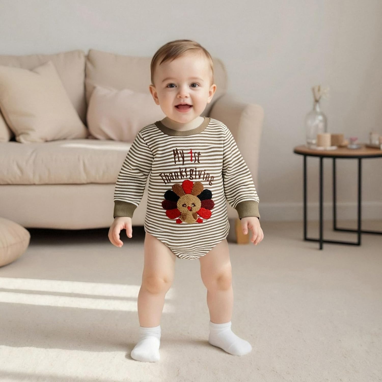 Giraropa My First Thanksgiving Baby Boy Outfit Smocked Bubble Romper Ruffle Jumpsuit Cute Newborn Infant Fall Winter Clothes - Image 3