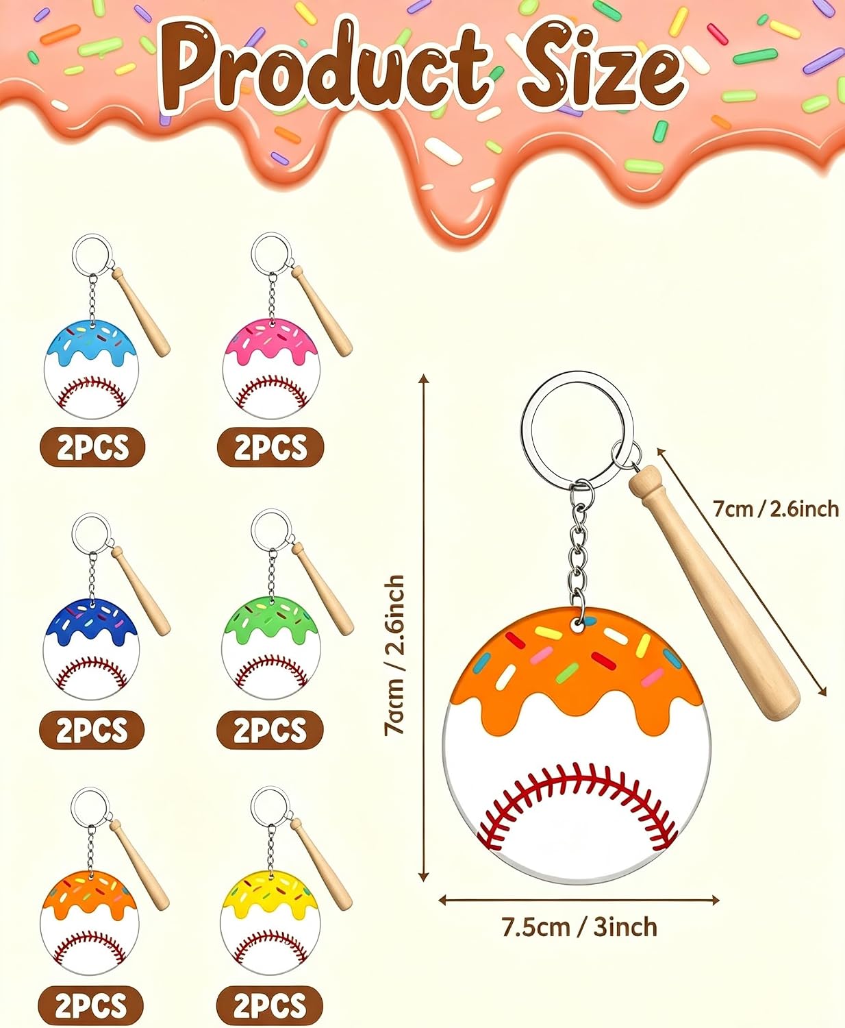 Baseball Keychain Set, 12PCS Acrylic Baseball Keychains with Mini Wooden Bats, Ice Cream Drip Sports Bag Tags for Team Gifts, Backpack Decor, Baseball Party Favors