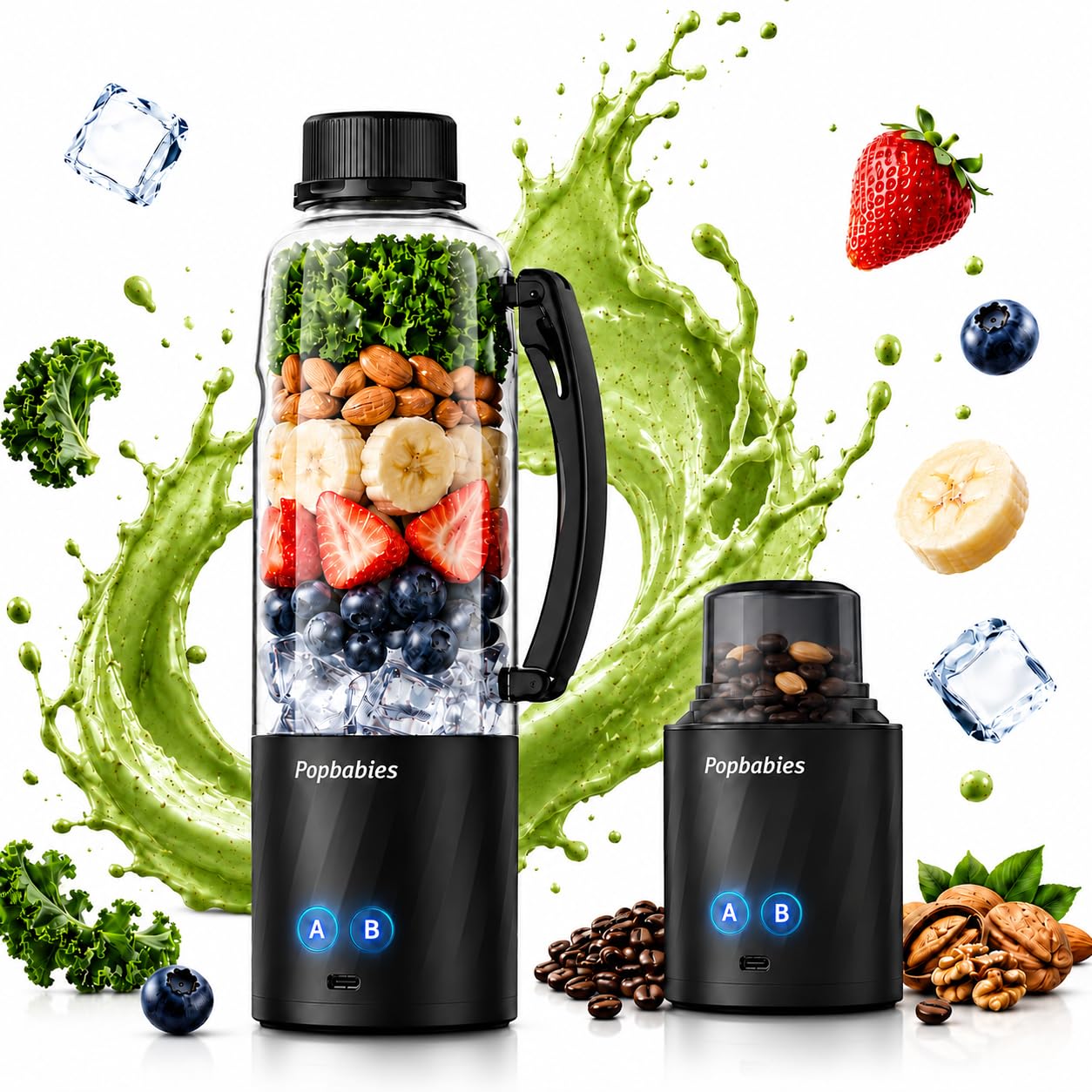 Popbabies 370W Portable Blender for Smoothie and Juices, 600ml Blending Cup, 560ml Max Fill, 6000mAh 12V Portable Mixer Blender, 6 Blades, 26000RPM USB-C Rechargeable Blender for Baby Food