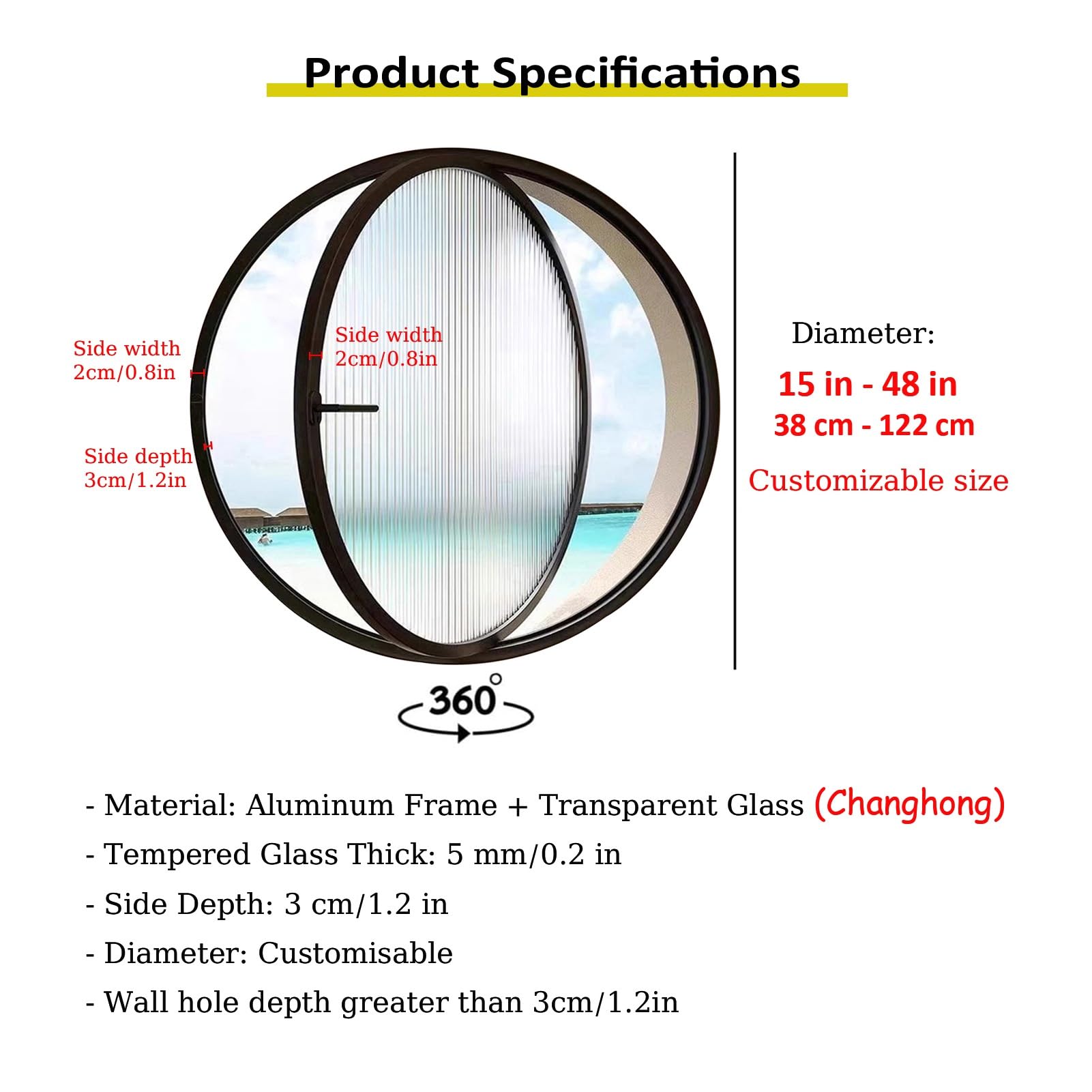 Ventanas Batientes Ventana Redonda Giratoria De 15-48", Ventana De Ojo De Buey De Vidrio Templado, Ventana Abatible De Repuesto Para Baño, Sala De Estar, Dormitorio(Black,16 in/40.6 cm)