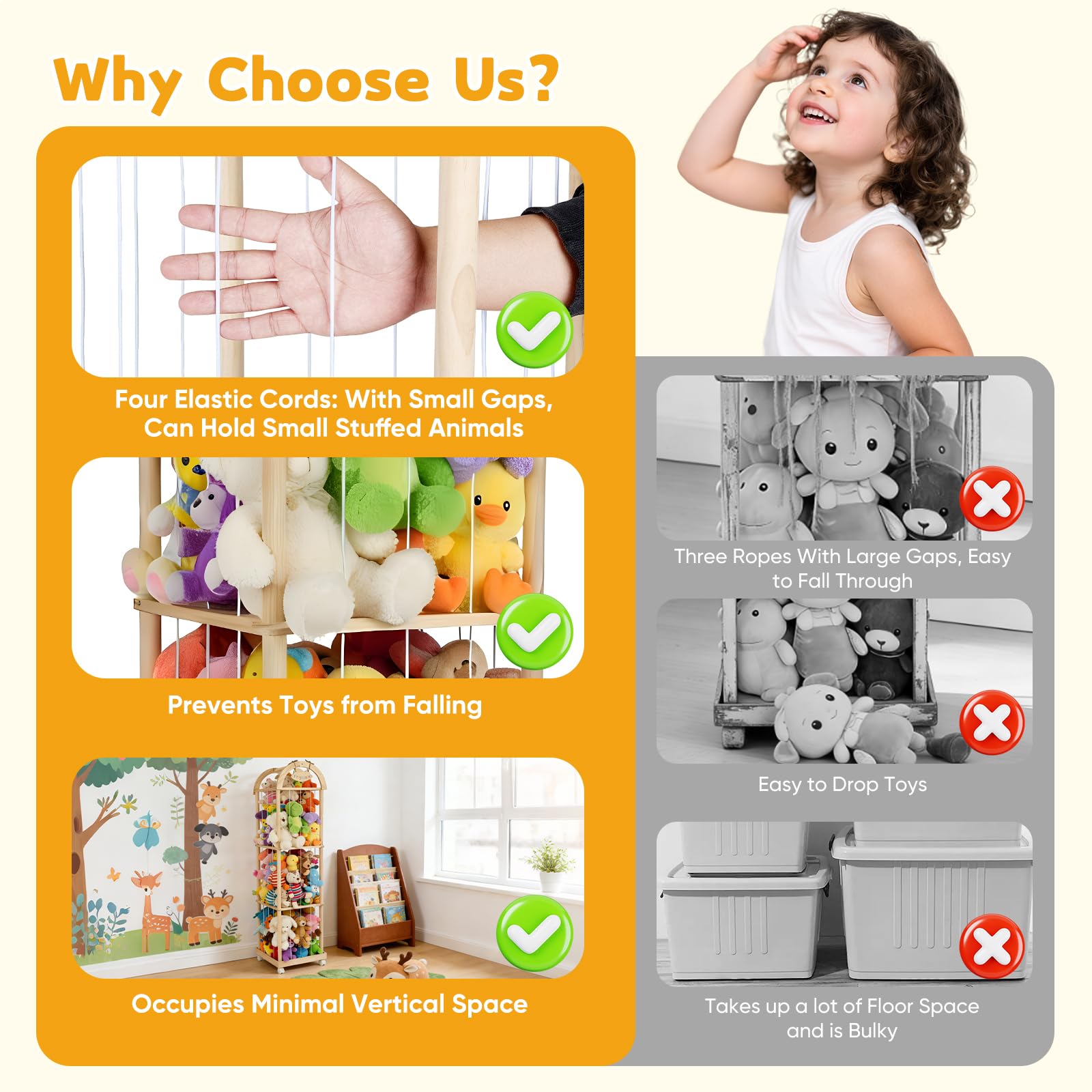 Holz Kuscheltier Aufbewahrung, Stofftier Aufbewahrung mit 360°Bremse-Ausgestattete Räder, 150 * 40 * 40cm Plüschtier Spielzeug Organizer für Kinderzimmer, Wohnzimmer und Schlafzimmer