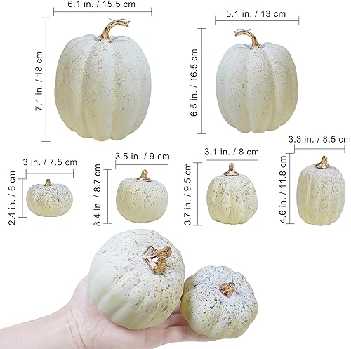 Miniatura 2 de Winlyn 7 calabazas artificiales de color crema de cosecha de varios tamaños, calabazas artificiales de espuma, calabazas decorativas para otoño,