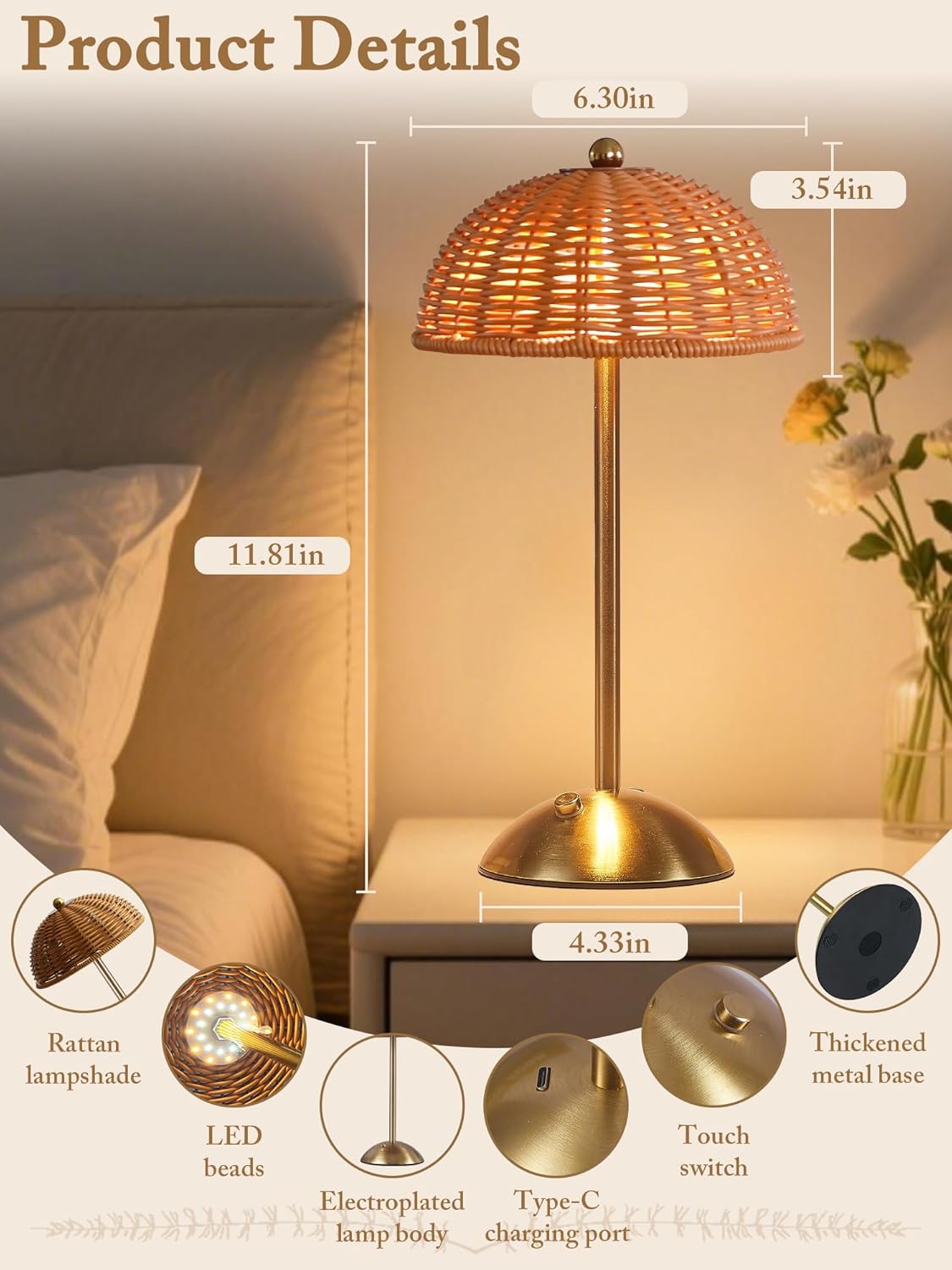 2 Pack Rattan Boho Table Lamp,Small Wicker Night Light,3 Color Temperature Touch Control Bedside Lamps,LED Rechargeable Reading Lights Home Bedroom Living Room Restaurant Decor Ambient Lighting (2)