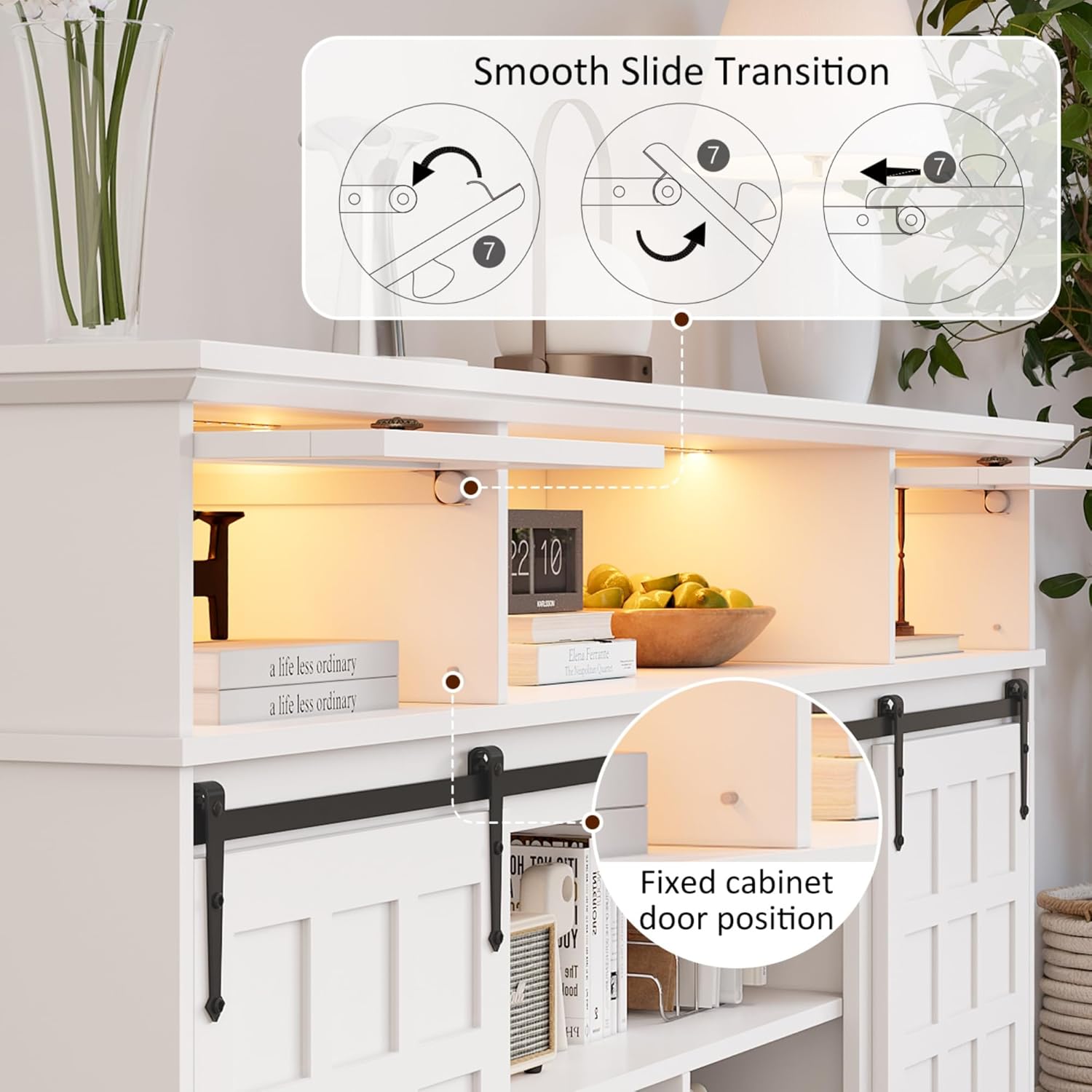 70“ Farmhouse TV Stand with Outlets for 80 inch tv, LED Entertainment Center with Storage Cabinets and Sliding Barn Doors, TV Media Console Table for Living Room, White