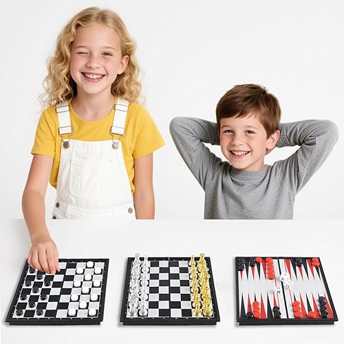 Miniatura 8 de Juego de mini ajedrez 3 en 1 de 5 pulgadas, tablero de ajedrez plegable magnético con instrucciones para 2 jugadores para niños y adultos