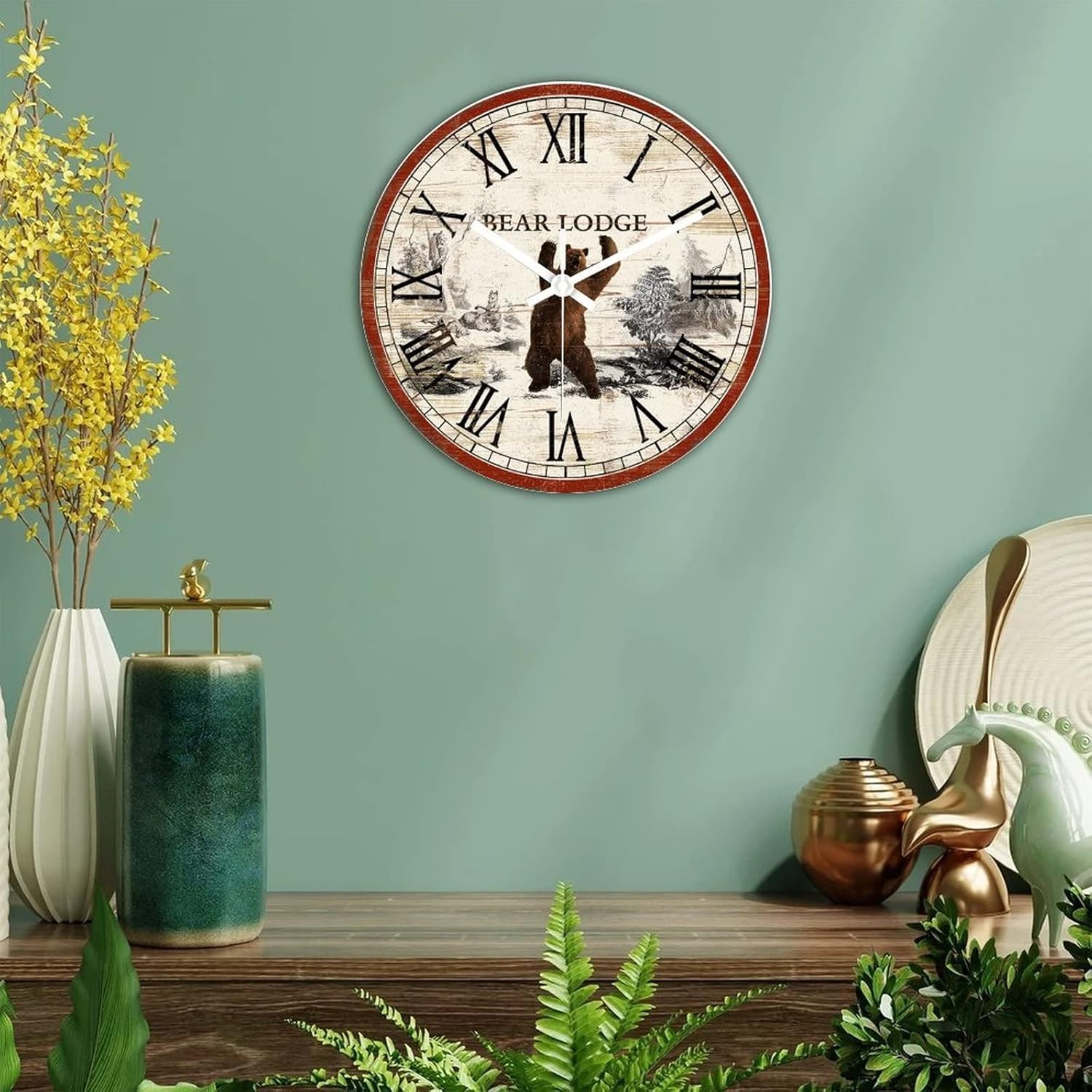 DreamAutumn Vintage Wooden Wall Clock Crack Retro Style Round Large Wall Clocks Battery Operated Non Ticking Wildlife Bear Lodge Roman Numerals Beachy Decorations Clock Home Decor 15 Inch