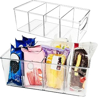 2 Pack Storage Cabinet Organizer with Removable Dividers, 4 Divided Compartments, Clear, Sturdy and Lightweight, Ideal for Organizing in Closets, Kitchen, Pantry and Refrigerator Rectangular