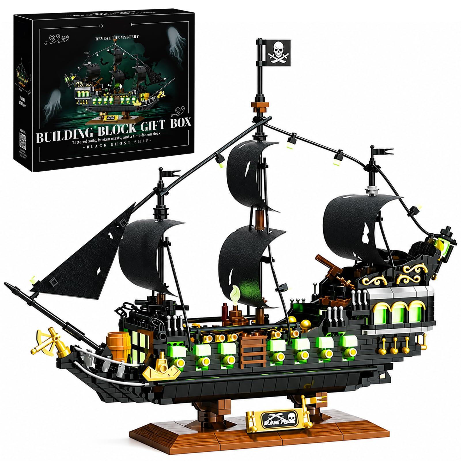 Set di mattoncini Nave Pirata Luminosa | modello notturno decorativo per adulti, kit creativo regalo per ragazzi e ragazze a partire da 14 anni (1576 pezzi)