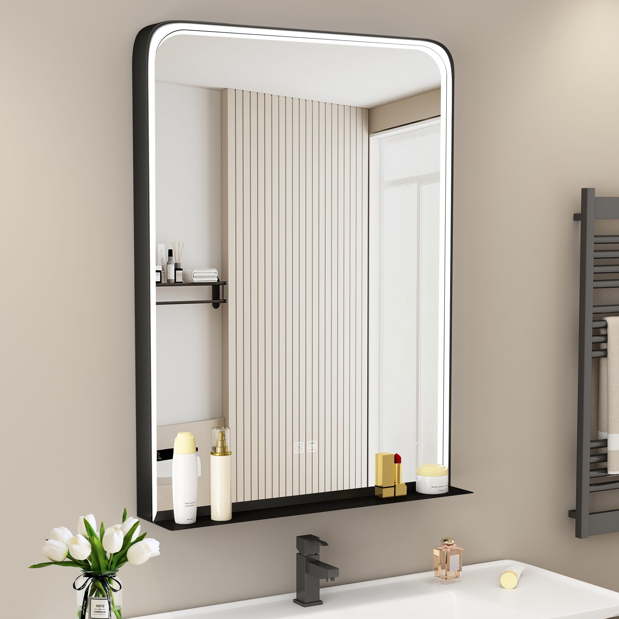 STARLEAD Espejo de baño con iluminación, 80 x 60 cm, espejo de baño LED con estante, regulable, 3 colores de luz, función de memoria, cristal templado IP44, marco de metal negro