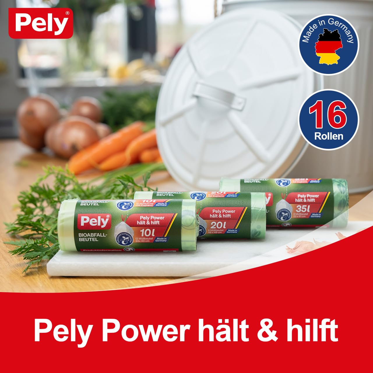 PELY Bio Kompostbeutel 10 Liter, Vorteilspack (16 x 12 Stück), biologisch abbaubare Abfallbeutel, extra reißfest & dicht, perfekt für Biomüll in der Küche