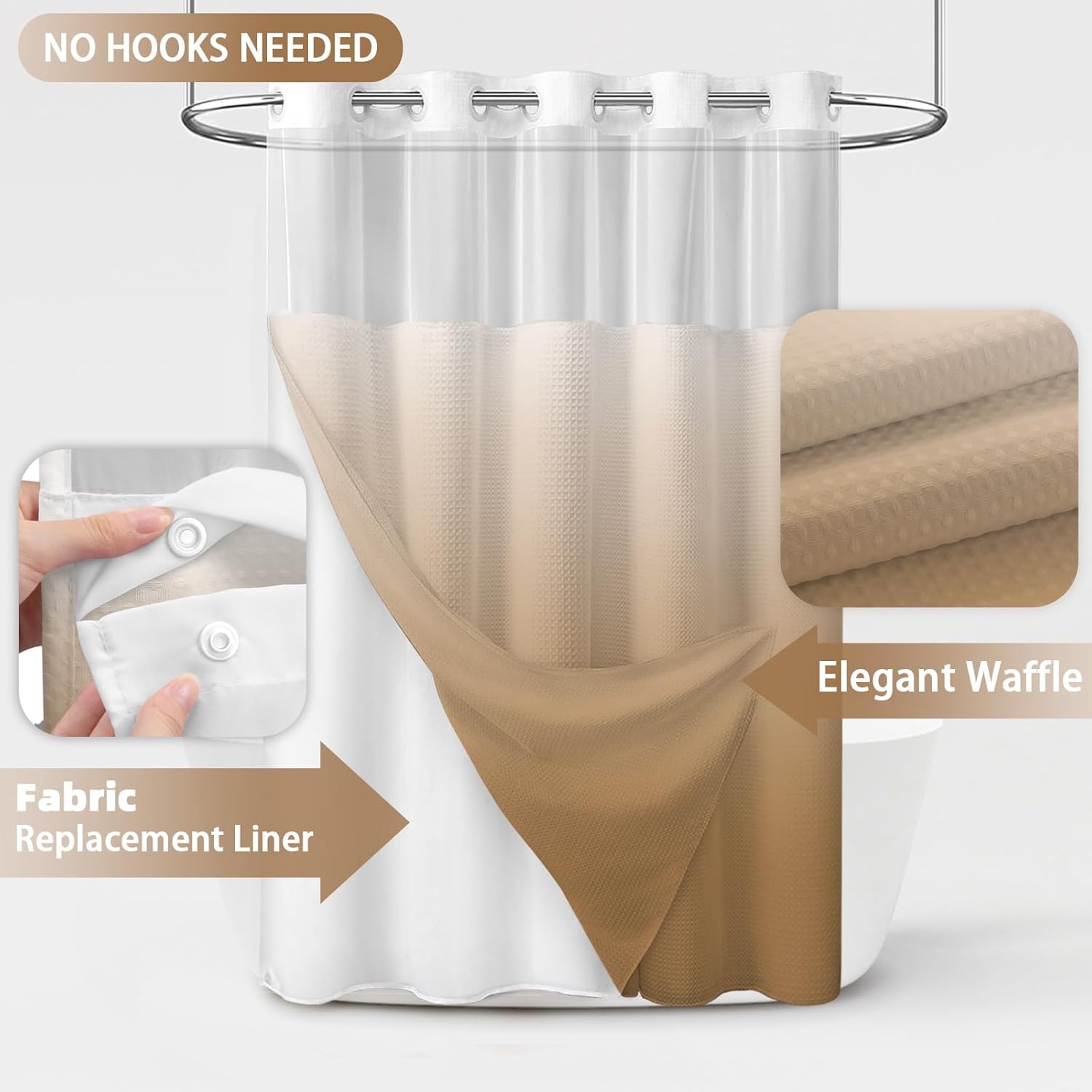 No Hook Shower Curtain and Liner Set,Ombre Beige Hotel Waffle Shower Curtain with Liner 75" L x 72" W